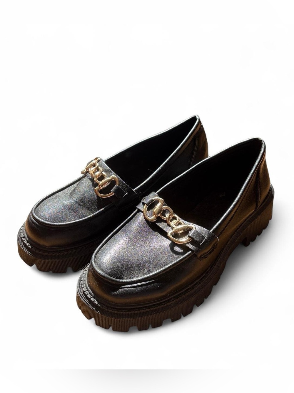 SHEIN Black Chunky Lug Sole Platform Loafers Gold Chain Size 8.5 US / 41